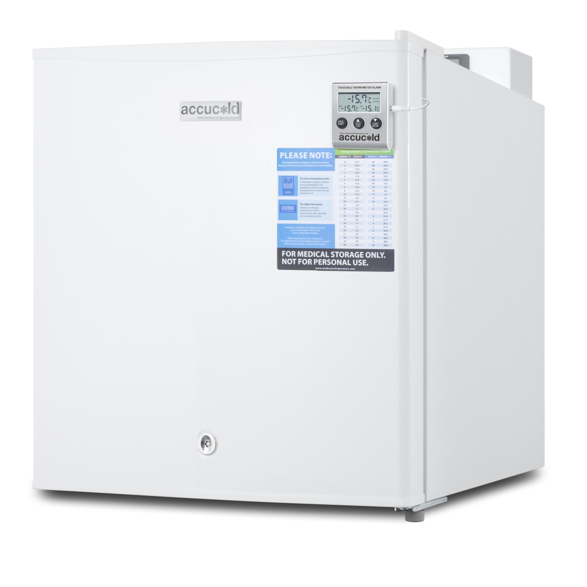 Compact -20 C vaccine storage all-freezer with digital thermostat, temperature alarm, hospital grade cord, self-closing door, and front lock